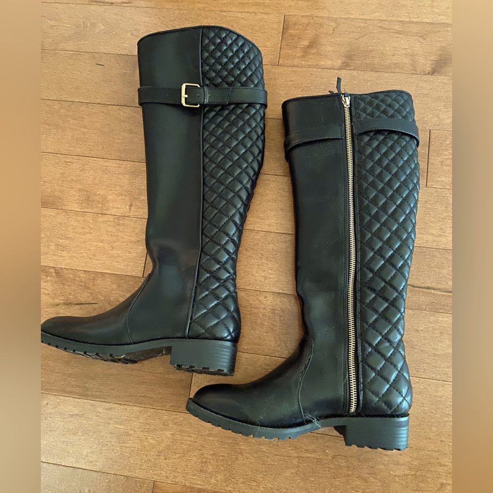 Zara Knee High Quilted Boots 6.5 37 Black Faux Vegan Leather